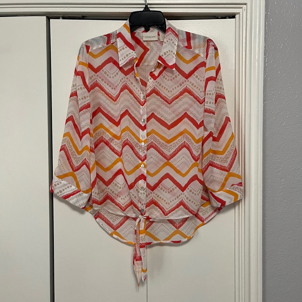 Chicos White Red Orange‎ Chevron Zigzag Print Tie Front Shirt Blouse Size 1
